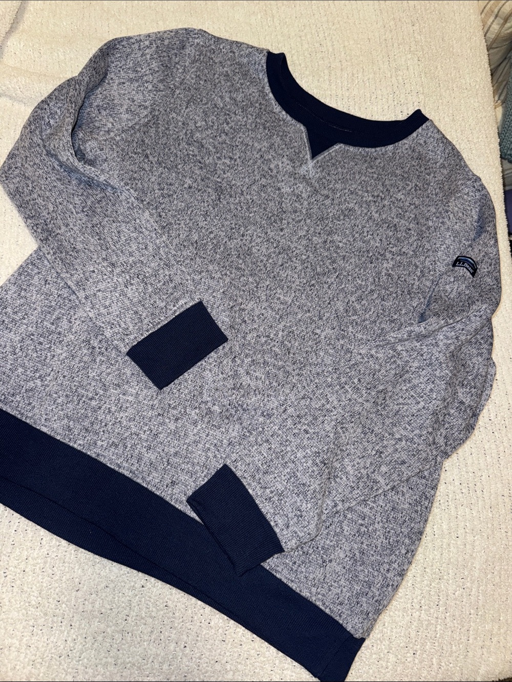 LL Bean Navy Heather Crewneck Sweater with Navy Trim